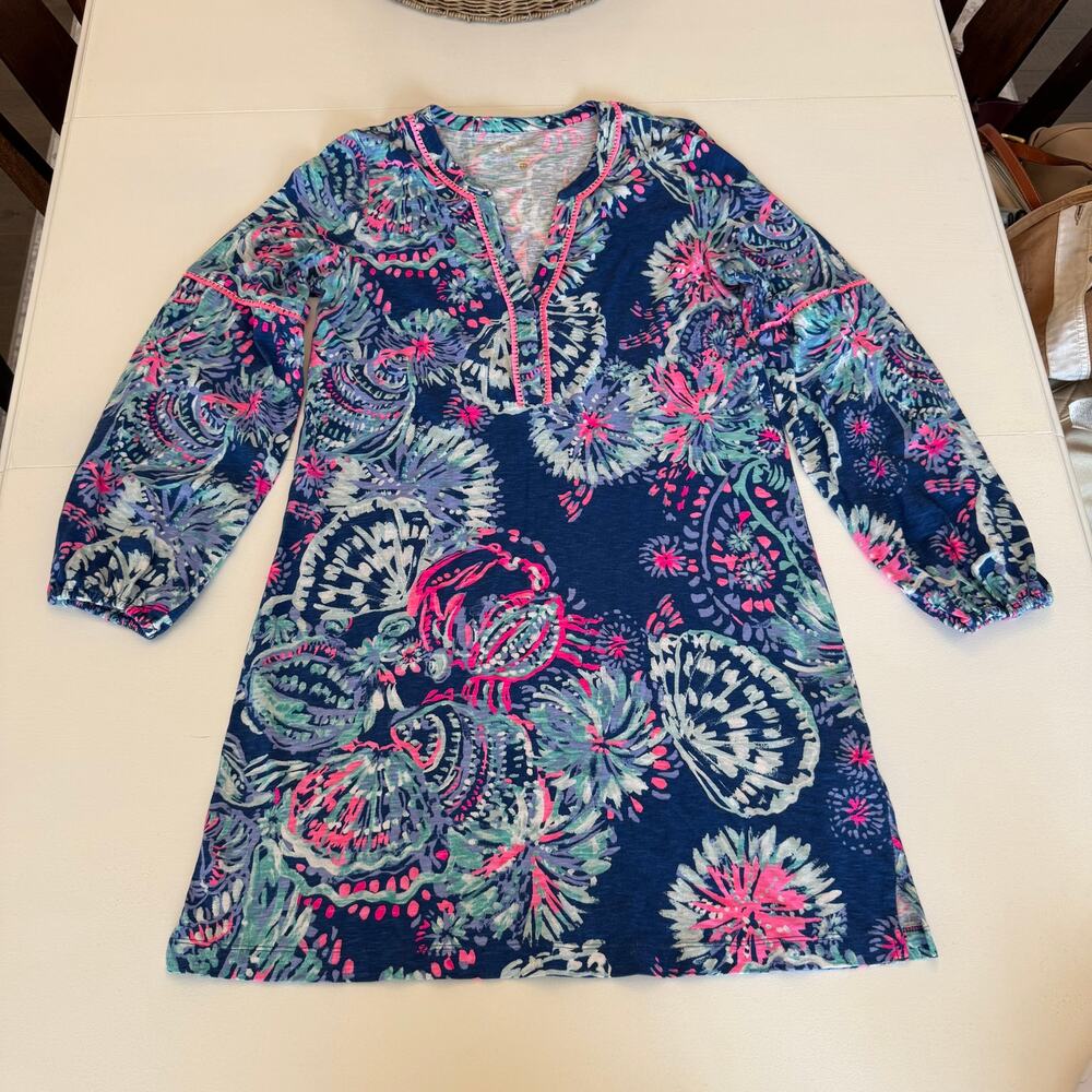 Lilly Pulitzer Joy Tunic Dress Deep Indigo Gypsea Girl Medium Blue Pink Tassles